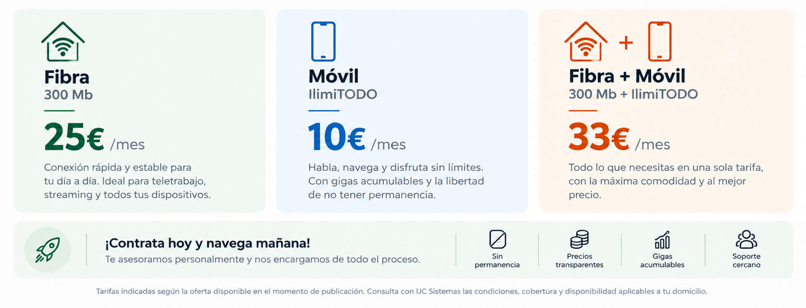 Tarifas DIGI con IJC Sistemas: fibra 300 Mb por 25 €/mes, móvil IlimiTODO por 10 €/mes y fibra 300 Mb más móvil por 33 €/mes.